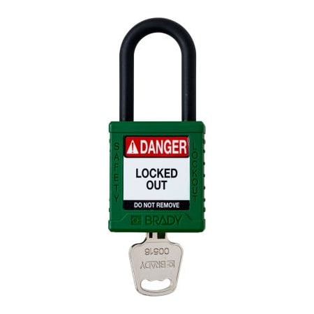 Brady Brady Safety Lockout Padlock, Keyed Different, 1-1/2in, Plastic/Nylon, Green SDPL-GRN-38PL-KD